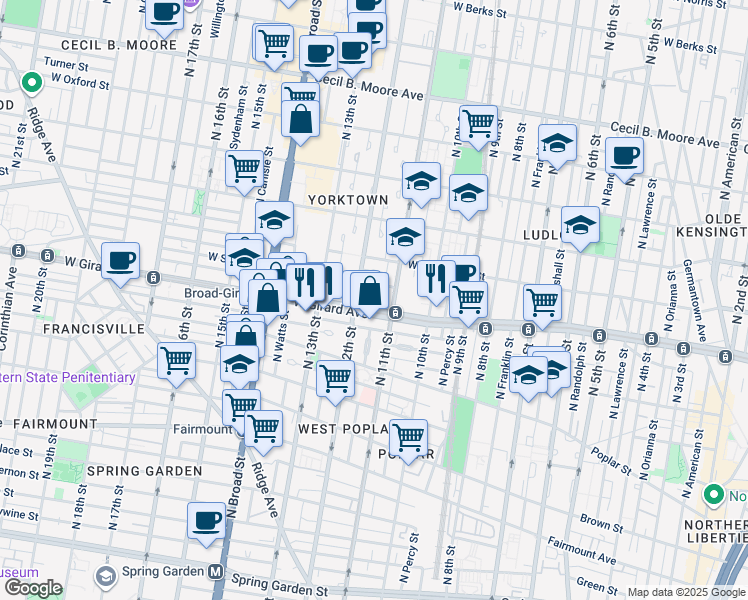 map of restaurants, bars, coffee shops, grocery stores, and more near 1110 Custis Place in Philadelphia