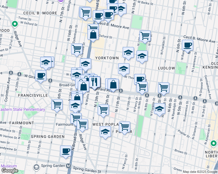 map of restaurants, bars, coffee shops, grocery stores, and more near 1222 Valley Forge Place in Philadelphia