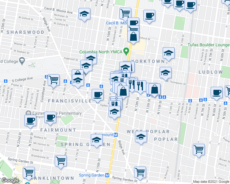 map of restaurants, bars, coffee shops, grocery stores, and more near 1403 West Flora Street in Philadelphia