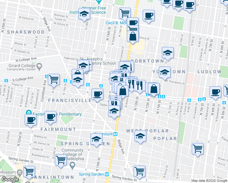 map of restaurants, bars, coffee shops, grocery stores, and more near 1403 West Flora Street in Philadelphia