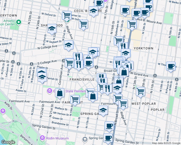 map of restaurants, bars, coffee shops, grocery stores, and more near in Philadelphia
