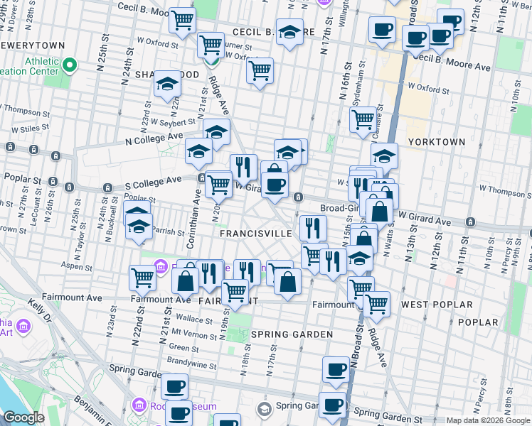 map of restaurants, bars, coffee shops, grocery stores, and more near 1820 Ridge Avenue in Philadelphia