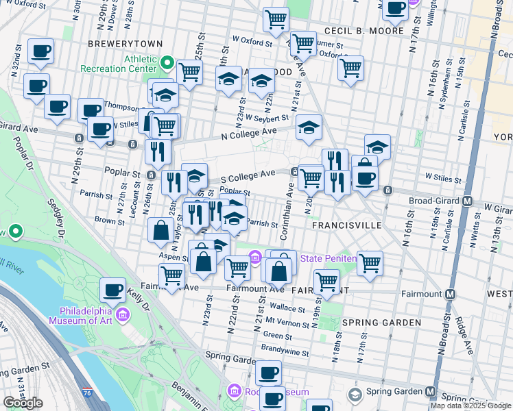 map of restaurants, bars, coffee shops, grocery stores, and more near 879 North Beechwood Street in Philadelphia