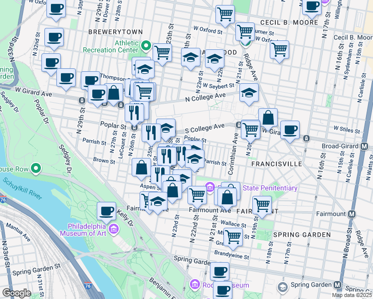 map of restaurants, bars, coffee shops, grocery stores, and more near 2216 Poplar Street in Philadelphia