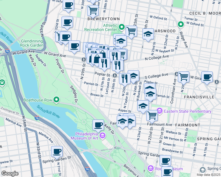 map of restaurants, bars, coffee shops, grocery stores, and more near 863 North Taney Street in Philadelphia