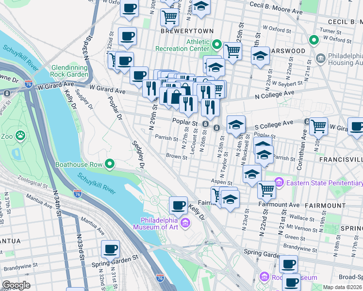 map of restaurants, bars, coffee shops, grocery stores, and more near 863 Pennock Street in Philadelphia