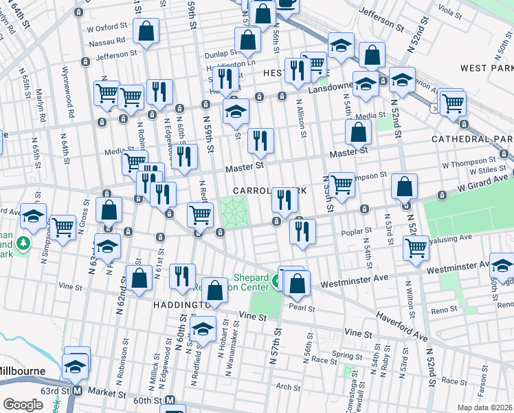 map of restaurants, bars, coffee shops, grocery stores, and more near 1300 North Alden Street in Philadelphia