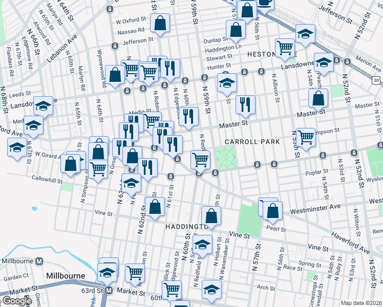map of restaurants, bars, coffee shops, grocery stores, and more near 6014 Kershaw Street in Philadelphia
