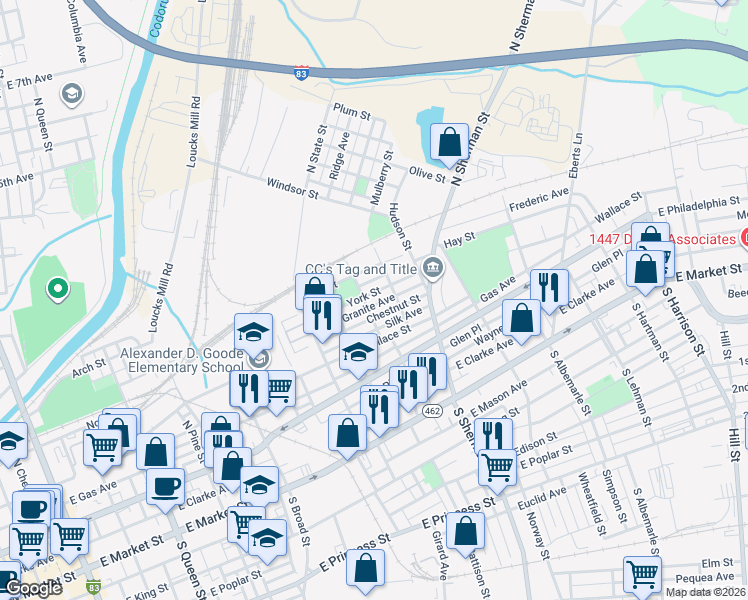 map of restaurants, bars, coffee shops, grocery stores, and more near 700 Hay Street in York