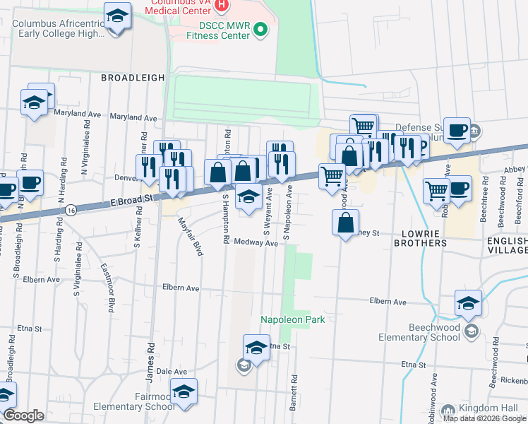 map of restaurants, bars, coffee shops, grocery stores, and more near 26 South Weyant Avenue in Columbus