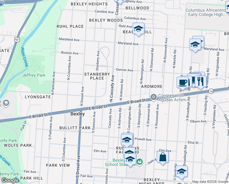 map of restaurants, bars, coffee shops, grocery stores, and more near 83 North Ardmore Road in Columbus