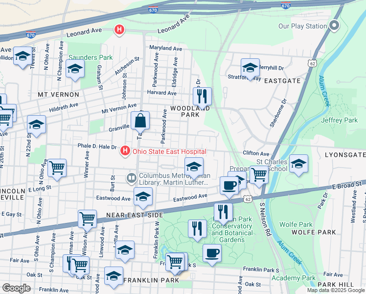 map of restaurants, bars, coffee shops, grocery stores, and more near 223 Woodland Avenue in Columbus