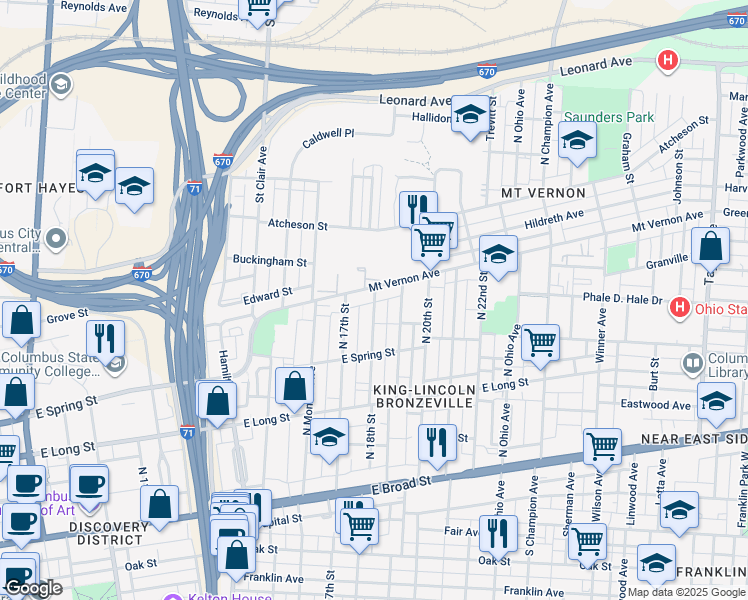 map of restaurants, bars, coffee shops, grocery stores, and more near 992 Mount Vernon Avenue in Columbus