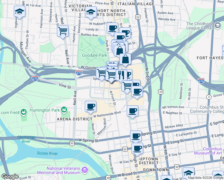 map of restaurants, bars, coffee shops, grocery stores, and more near 59 Spruce Street in Columbus