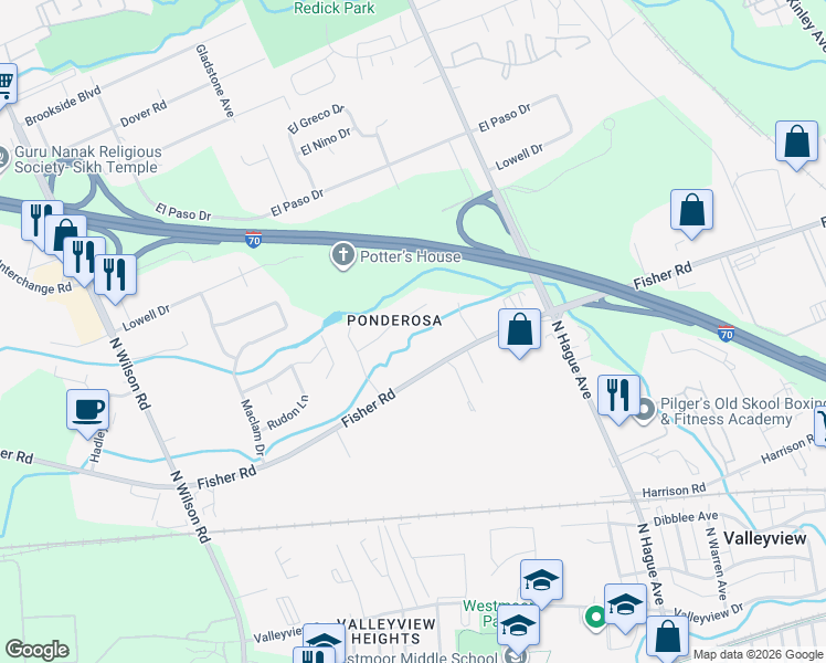map of restaurants, bars, coffee shops, grocery stores, and more near 3232 Ponderosa Drive in Columbus