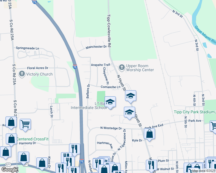 map of restaurants, bars, coffee shops, grocery stores, and more near 715 Cheyenne Place in Tipp City