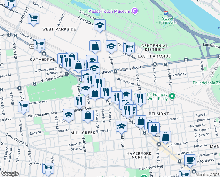 map of restaurants, bars, coffee shops, grocery stores, and more near 1026 Poplar Street in Philadelphia