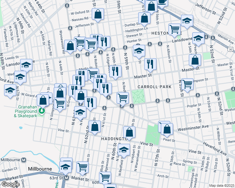 map of restaurants, bars, coffee shops, grocery stores, and more near 6014 Kershaw Street in Philadelphia