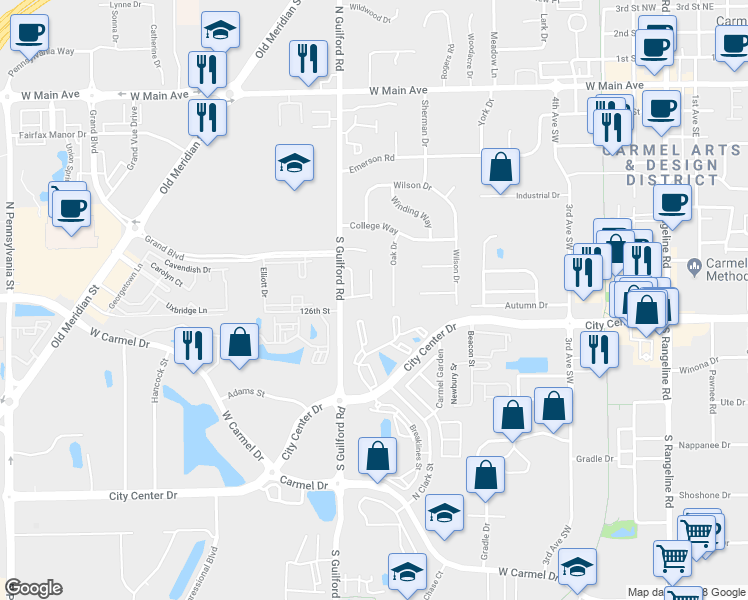 map of restaurants, bars, coffee shops, grocery stores, and more near 507 Firefly Lane in Carmel