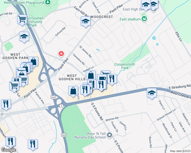 map of restaurants, bars, coffee shops, grocery stores, and more near 1116 Isabel Lane in West Chester