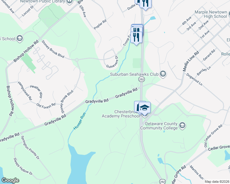 map of restaurants, bars, coffee shops, grocery stores, and more near 144 Camelot Lane in Newtown Square