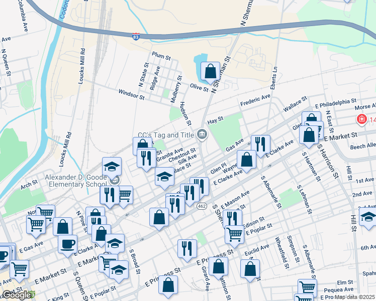 map of restaurants, bars, coffee shops, grocery stores, and more near 803 Chestnut Street in York