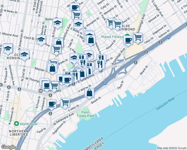 map of restaurants, bars, coffee shops, grocery stores, and more near East Girard Avenue & East Montgomery Avenue in Philadelphia