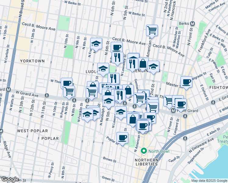 map of restaurants, bars, coffee shops, grocery stores, and more near 1241 North 5th Street in Philadelphia