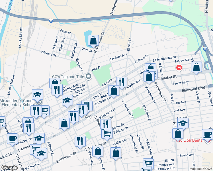map of restaurants, bars, coffee shops, grocery stores, and more near 927 East Philadelphia Street in York