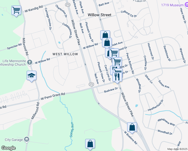 map of restaurants, bars, coffee shops, grocery stores, and more near 328 Nolt Avenue in Willow Street