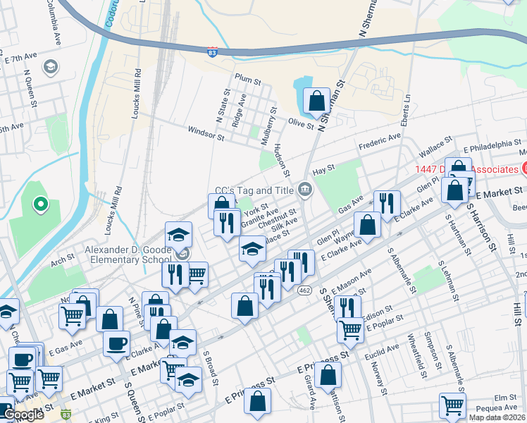 map of restaurants, bars, coffee shops, grocery stores, and more near 700 Hay Street in York