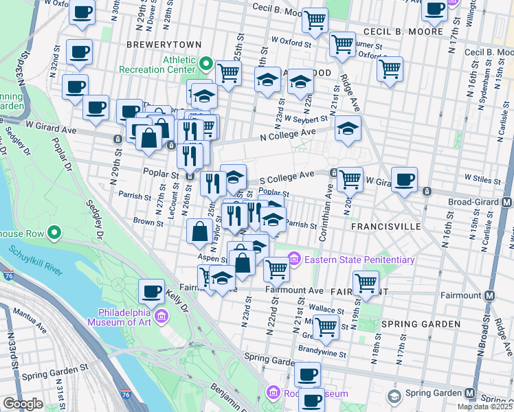 map of restaurants, bars, coffee shops, grocery stores, and more near 869 North Judson Street in Philadelphia