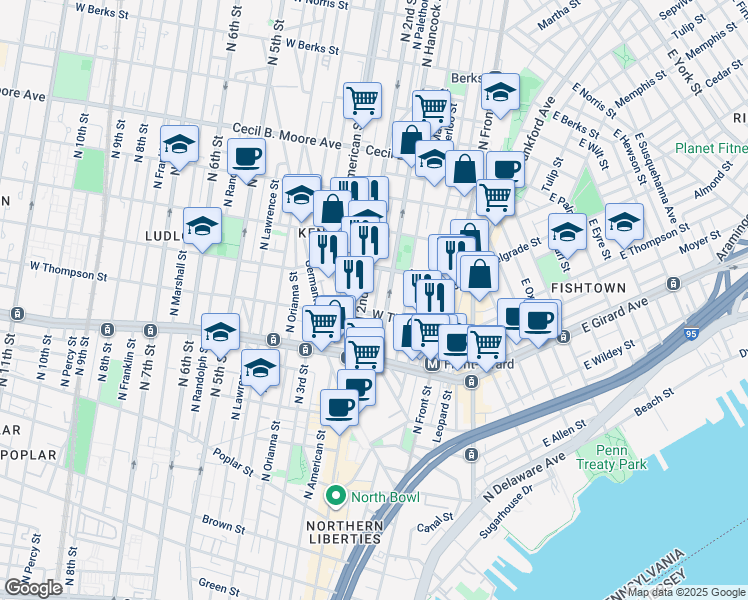 map of restaurants, bars, coffee shops, grocery stores, and more near 1316 North Palethorp Street in Philadelphia