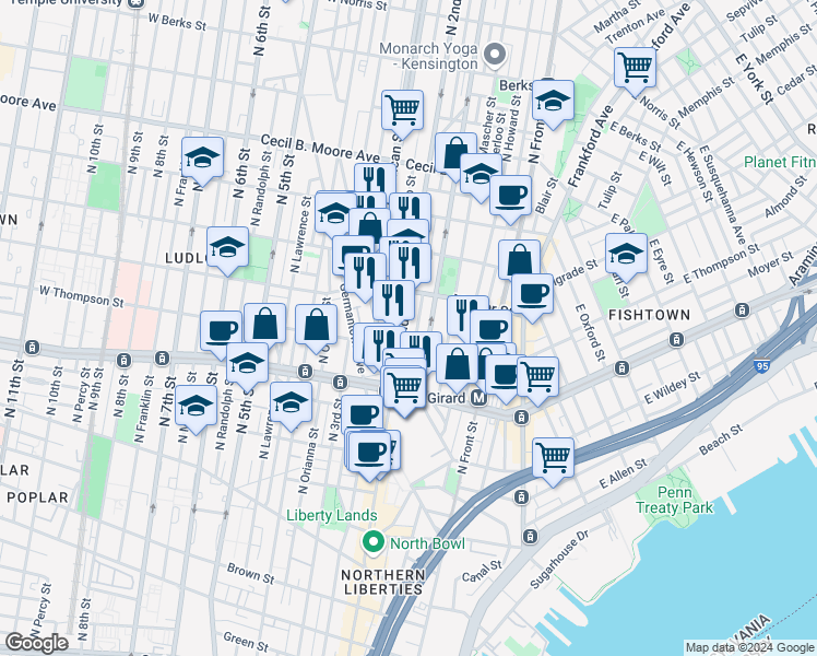 map of restaurants, bars, coffee shops, grocery stores, and more near 1315 North 2nd Street in Philadelphia