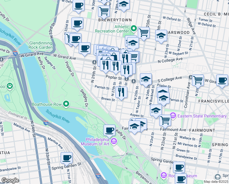 map of restaurants, bars, coffee shops, grocery stores, and more near 841 North 27th Street in Philadelphia