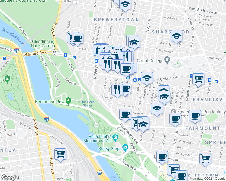 map of restaurants, bars, coffee shops, grocery stores, and more near 832 North 27th Street in Philadelphia