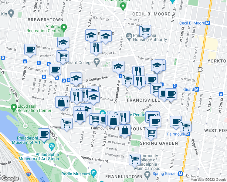 map of restaurants, bars, coffee shops, grocery stores, and more near 889 North Woodstock Street in Philadelphia