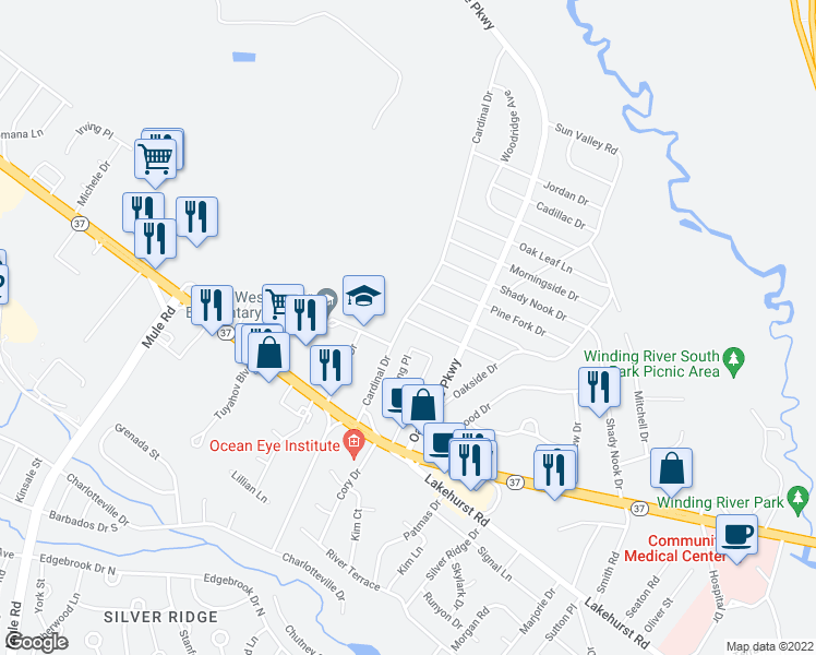 map of restaurants, bars, coffee shops, grocery stores, and more near 80 Shady Nook Drive in Toms River