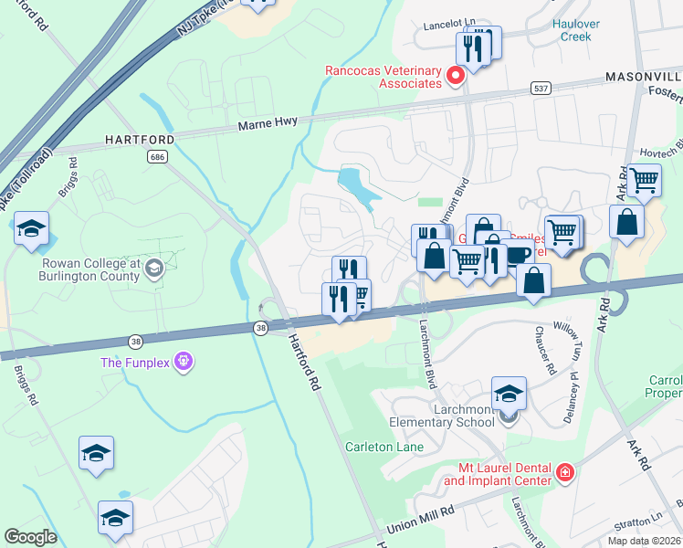 map of restaurants, bars, coffee shops, grocery stores, and more near 4904B Dunbarton Road in Mount Laurel Township