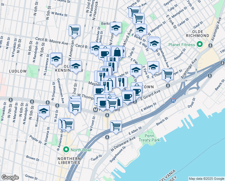 map of restaurants, bars, coffee shops, grocery stores, and more near 1322 Crease Street in Philadelphia