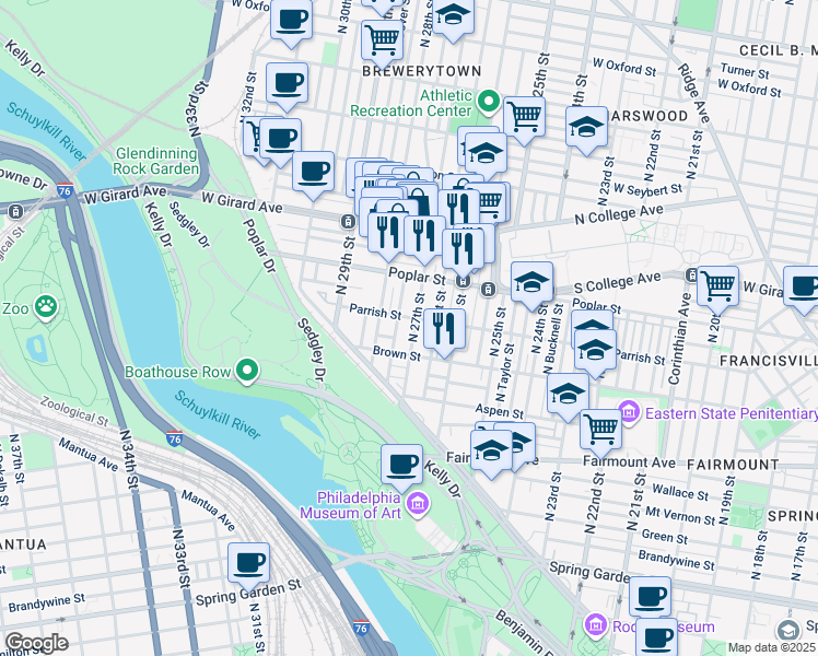 map of restaurants, bars, coffee shops, grocery stores, and more near 832 North 27th Street in Philadelphia