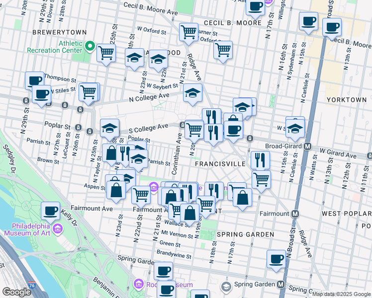 map of restaurants, bars, coffee shops, grocery stores, and more near 2018 Poplar Street in Philadelphia