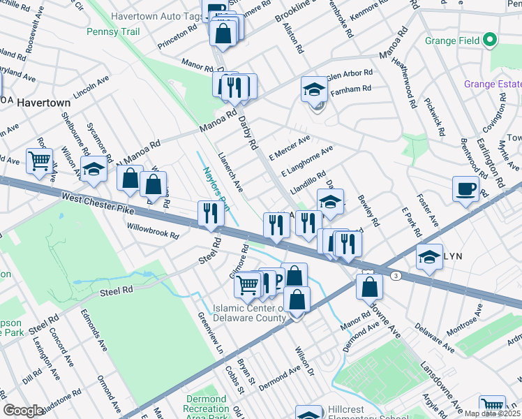 map of restaurants, bars, coffee shops, grocery stores, and more near 426 Llanerch Avenue in Havertown