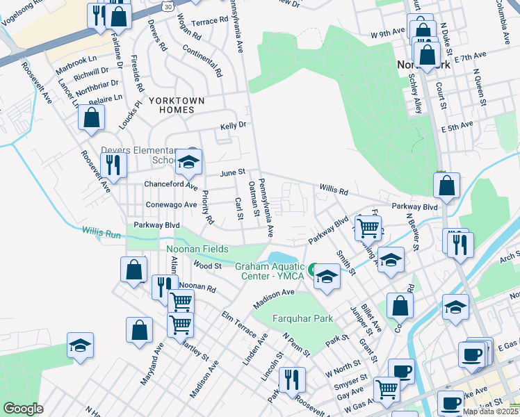 map of restaurants, bars, coffee shops, grocery stores, and more near 745 Oatman Street in York