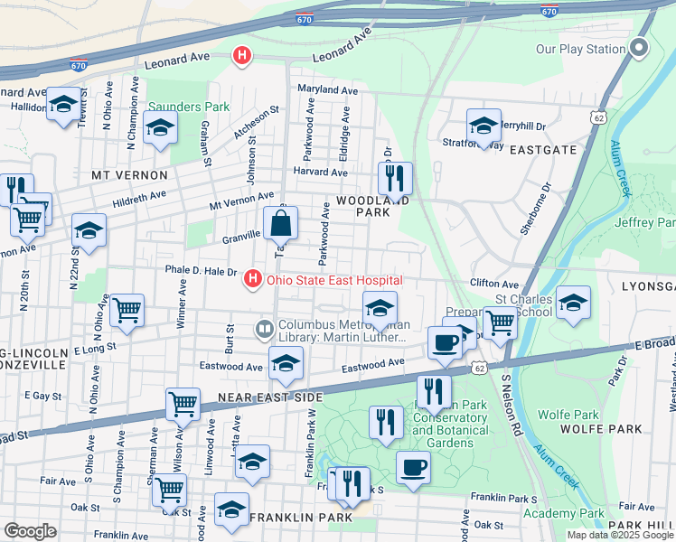 map of restaurants, bars, coffee shops, grocery stores, and more near 1614 Clifton Avenue in Columbus