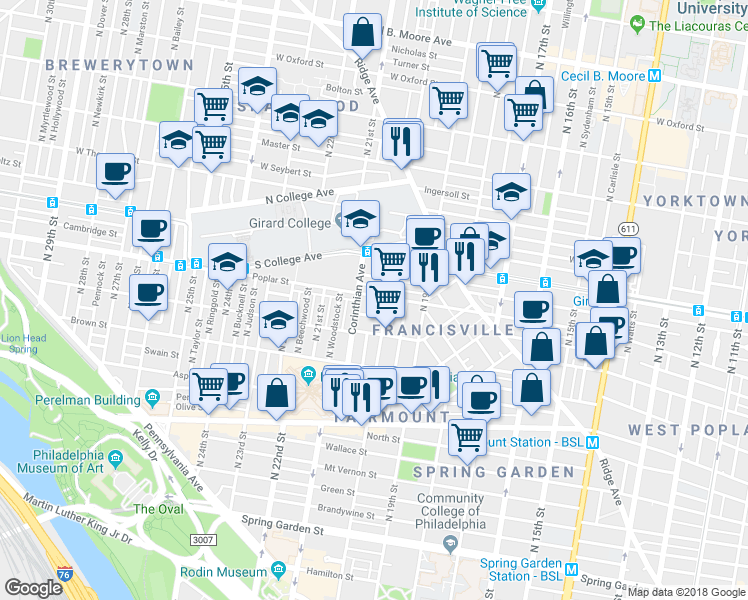 map of restaurants, bars, coffee shops, grocery stores, and more near 2018 Poplar Street in Philadelphia