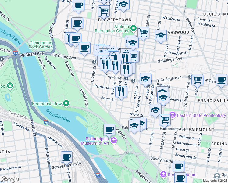 map of restaurants, bars, coffee shops, grocery stores, and more near 841 North 27th Street in Philadelphia