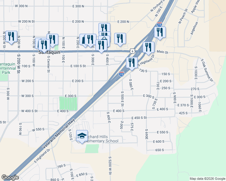 map of restaurants, bars, coffee shops, grocery stores, and more near 255 South Highland Drive in Santaquin