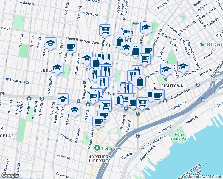 map of restaurants, bars, coffee shops, grocery stores, and more near 1320 North Hancock Street in Philadelphia