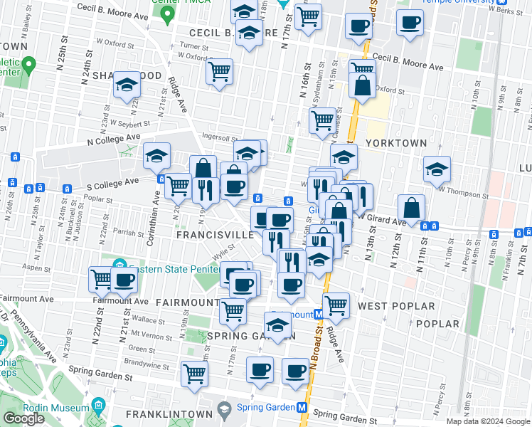 map of restaurants, bars, coffee shops, grocery stores, and more near 1617 West Girard Avenue in Philadelphia